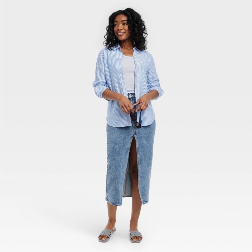 Women's Linen Long Sleeve Collared Button-Down Shirt - Universal Thread new
